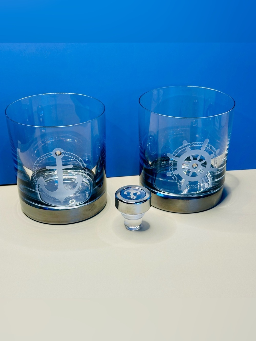 Nautical Whiskey Glasses Set–Anchor & Ship Wheel | Preciosa Crystal Barware Gift
